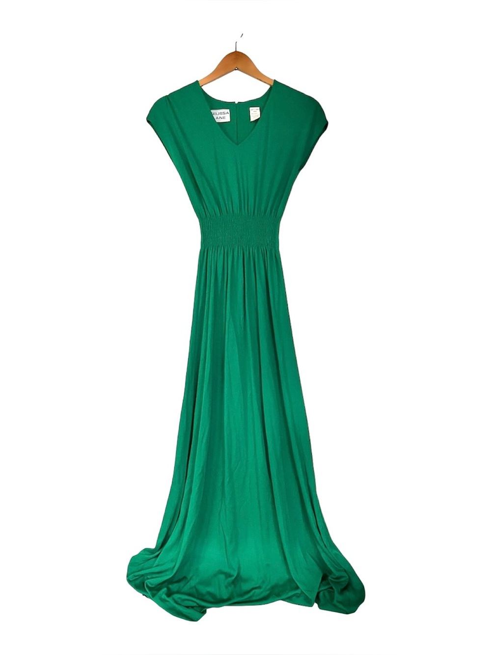Vtg Melissa Lane Maxi Dress Smocked Waist Kelly Green Cap Sleeve Size 12